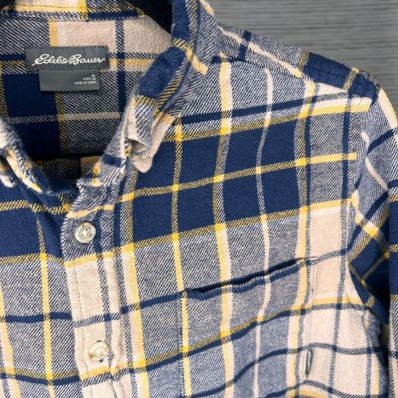 Eddie Bauer Flannel Shirt Mens small Blue‎ Beige Plaid Button Up Long Sleeve - Picture 3 of 6